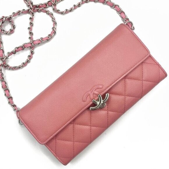 Authentic CHANEL CC Lambskin Quilted Box Flap Wallet on Chain Pink Shoulder WOC - Picture 3 of 14